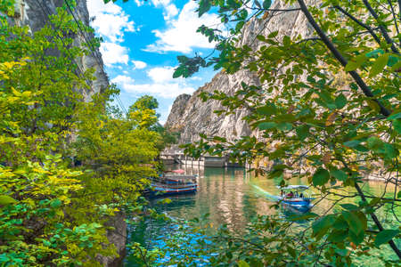 SKOPJE, MACEDONIA - AUGUST 8, 2019 : View of Matka Canyon. Most beautiful with boat tours touristic attraction near Skopje.のeditorial素材