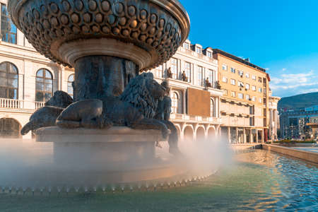 SKOPJE, NORTH MACEDONIA - AUGUST 7, 2019 : City center of Skopje with sculptures and buildings. Skopje is capital city of Macedonia, Fyrom.のeditorial素材