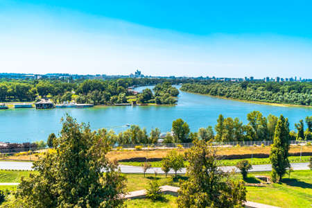 BELGRADE, SERBIA - AUGUST 10, 2019 : Sava river from Kalemegdan, historic place in Belgrade. It is one of the most popular touristic place.のeditorial素材