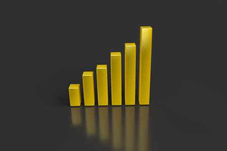 3d rendering, golden colored business statistic growth graph chart, isolated on dark background.の写真素材