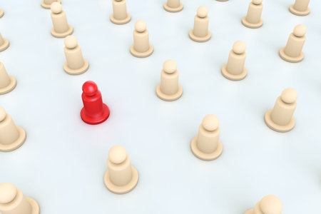 3d rendering, leadership concept, red piece standing out from crowd, isolated on white background.