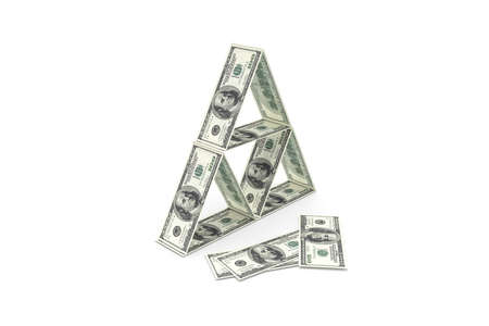 3d rendering, group of one hundred dollar banknotes with triangle home look, isolated on white background.の写真素材