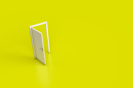 3d rendering of wooden indoor interior open door, entrance and doorways, isolated on yellow...