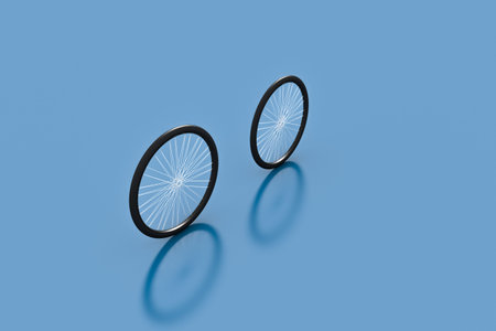 3d rendering of bike wheels and tires of mountain bicycle, isolated on blue background.