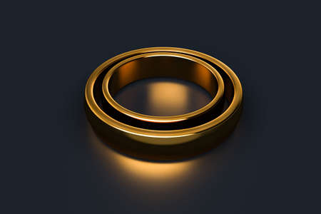3d rendering, close up view of two realistic couple gold wedding ring, isolated on white background.の写真素材