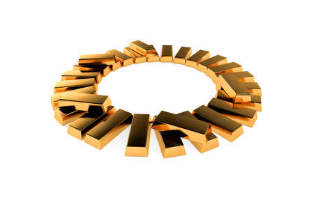3d rendering, finance concept, stack of realistic gold bar row, isolated on white background.の写真素材