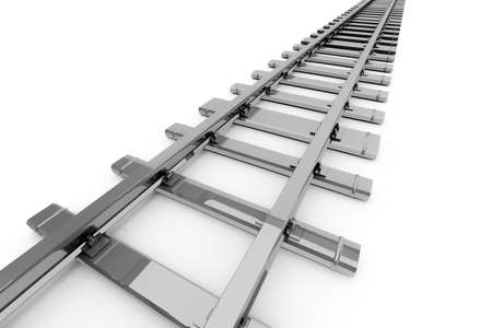 3d rendering, close up view of steel railway railroad tracks, isolated on white background.の写真素材