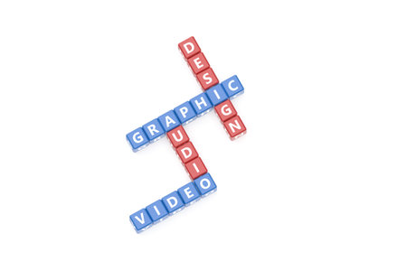 3d rendering, crossword with letters of Graphic Design text words concept on boxes, isolated on...