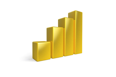 3d rendering, golden colored business statistic growth graph chart, isolated on white background.