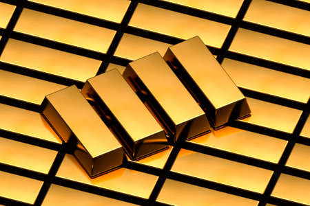 3d rendering, finance concept, stack of realistic gold bar bullion row, isolated on white background.の写真素材