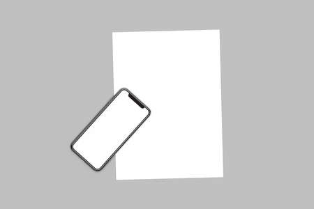 3d rendering, mock up image of new generation full screen smart phone with blank screen template on blank paper for your text.の写真素材