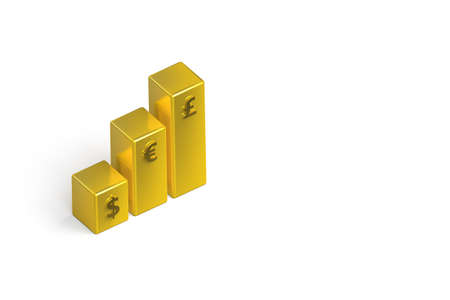 3d rendering, golden colored business statistic growth graph chart, isolated on white background.の写真素材