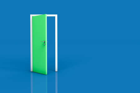 3d rendering of wooden indoor interior open door, entrance and doorways, isolated on blue background.の写真素材