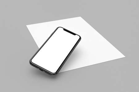 3d rendering, mock up image of new generation full screen smart phone with blank screen template on blank paper for your text.の写真素材