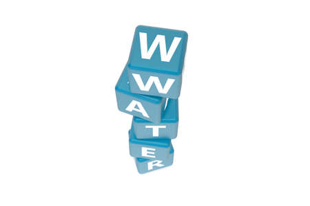 3d rendering, crossword with letters of Water text words concept on blue boxes, isolated on white background.の写真素材