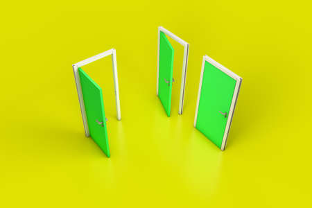 3d rendering of wooden indoor interior open door, entrance and doorways, isolated on yellow background.の写真素材