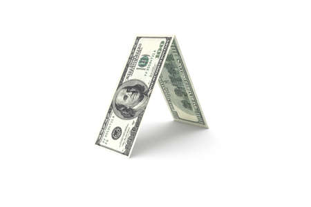 3d rendering, group of one hundred dollar banknotes with triangle home look, isolated on white background.の写真素材