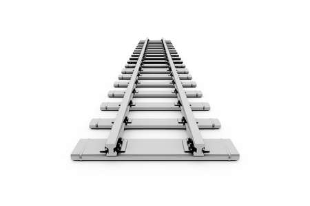 3d rendering, close up view of steel railway railroad tracks, isolated on white background.の写真素材