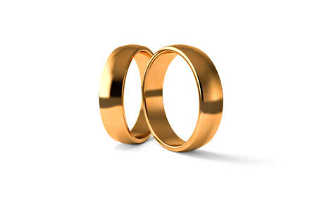 3d rendering, close up view of two realistic couple gold wedding ring, isolated on white background.の写真素材