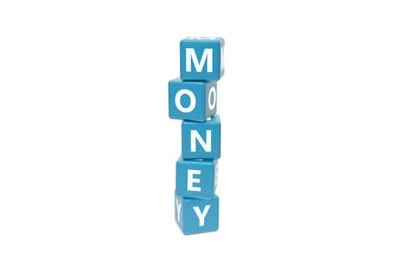 3d rendering, crossword with letters of Money text words finance concept on blue boxes, isolated on white background.の写真素材