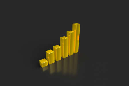 3d rendering, golden colored business statistic growth graph chart, isolated on dark background.の写真素材