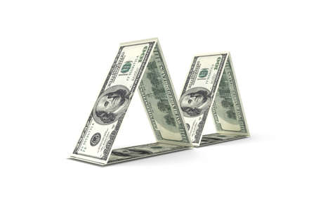 3d rendering, group of one hundred dollar banknotes with triangle home look, isolated on white background.の写真素材