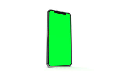 3d rendering, mock up image of new generation standing full screen smart phone with green blank screen template, isolated on white background.の写真素材