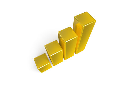 3d rendering, golden colored business statistic growth graph chart, isolated on white background.の写真素材