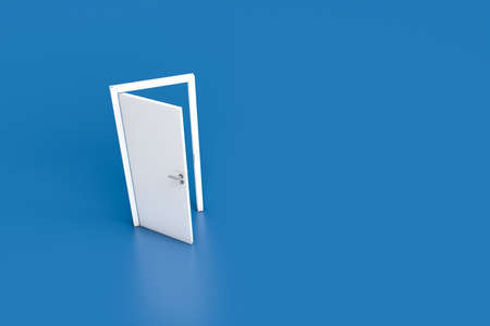 3d rendering of wooden indoor interior open door, entrance and doorways, isolated on blue background.の写真素材