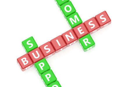3d rendering, crossword with letters of Business text words concept on red boxes, isolated on white background.の写真素材