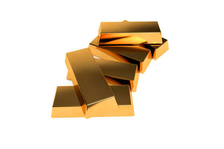 3d rendering, finance concept, stack of realistic gold bar row, isolated on white background.の写真素材