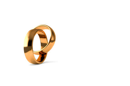 3d rendering, close up view of two realistic couple gold wedding ring, isolated on white background.の写真素材