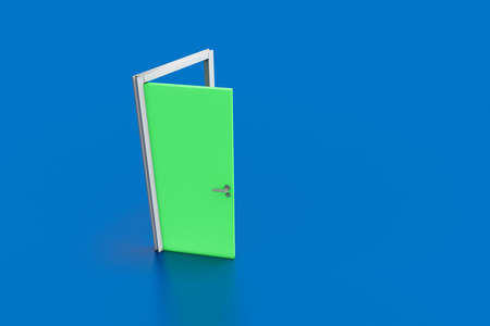 3d rendering of wooden indoor interior open door, entrance and doorways, isolated on blue background.の写真素材