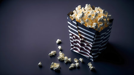 Side view of popcorns in paper box, cinema concept, selective focus, 3d rendering.の素材