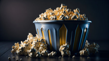 Side view of popcorns in paper box, cinema concept, selective focus, 3d rendering.の素材