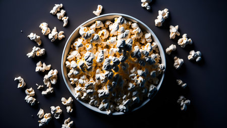 Popcorn in a bowl on a black background. Top view.の素材