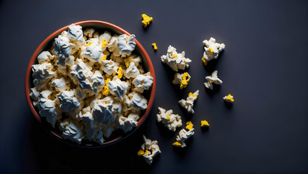 A bowl of popcorn on a dark background. View from above.の素材