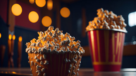 Side view of popcorns in paper box, cinema concept, selective focus, 3d rendering.の素材
