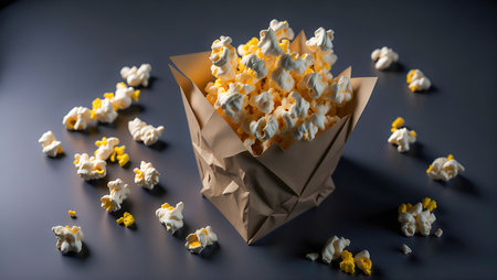 Side view of popcorns in paper box, cinema concept, selective focus, 3d rendering.の素材