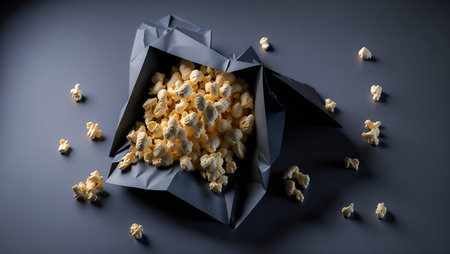 Side view of popcorns in paper box, cinema concept, selective focus, 3d rendering.の素材