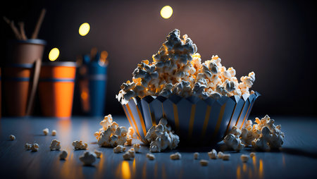 Side view of popcorns in paper box, cinema concept, selective focus, 3d rendering.の素材