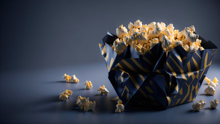 Side view of popcorns in paper box, cinema concept, selective focus, 3d rendering.の素材