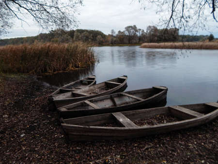 Old boats on the river Voronezh. Russiaの写真素材