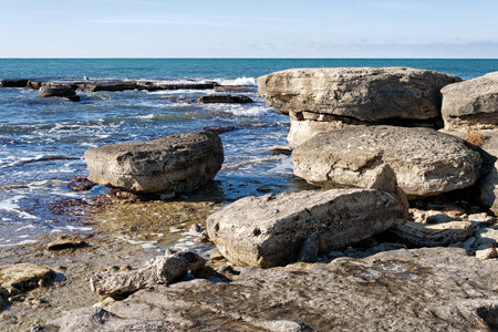 Rocky shore of the Caspian Sea. Winter season.