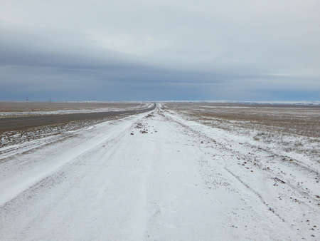 Winter road in the desert. Mangistau region. Kazakhstan.の写真素材