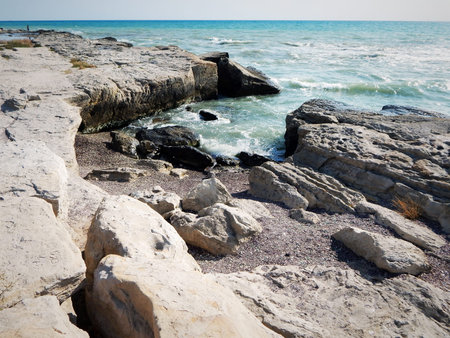 Rocky shore of the Caspian Sea.Walking trail along the cliffs.Aktau.Kazakhstan.