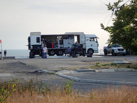 Aktau - May 25 2019 year. FIA WORLD CUP RALLY 2019 KAZAKHSTAN. Cars in the parking lot.のeditorial素材