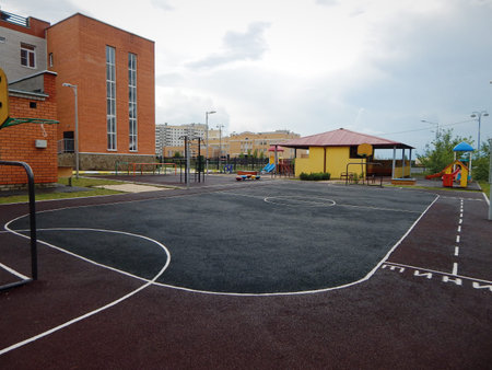 Kindergarten in a new area of the city. Shopping center in a new area of the city. Russia. Lipetsk. 18 June 2019 year.のeditorial素材