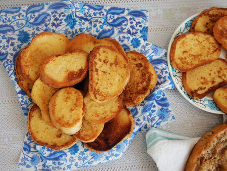 Sauteed slices of white bread. View from above.