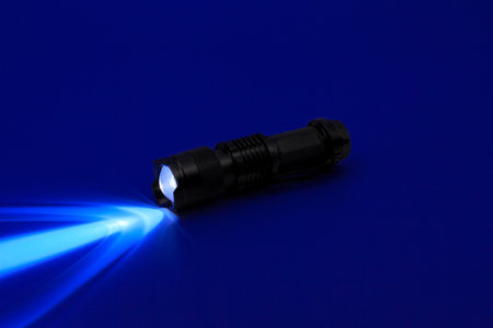 Mini UV LED Flashlight. Ray of ultraviolet light UV-365 nm.の写真素材
